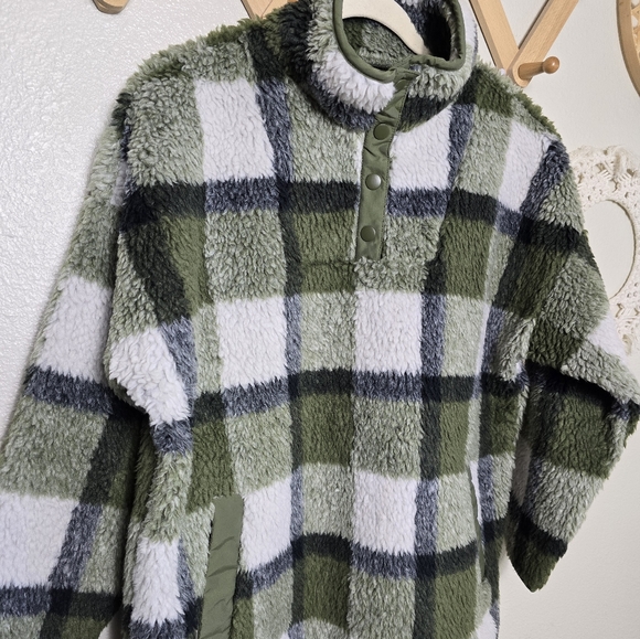 Madewell (Re)sourced Sherpa Popover Tunic Jacket in Plaid Olive Surplus Size S - Picture 4 of 16